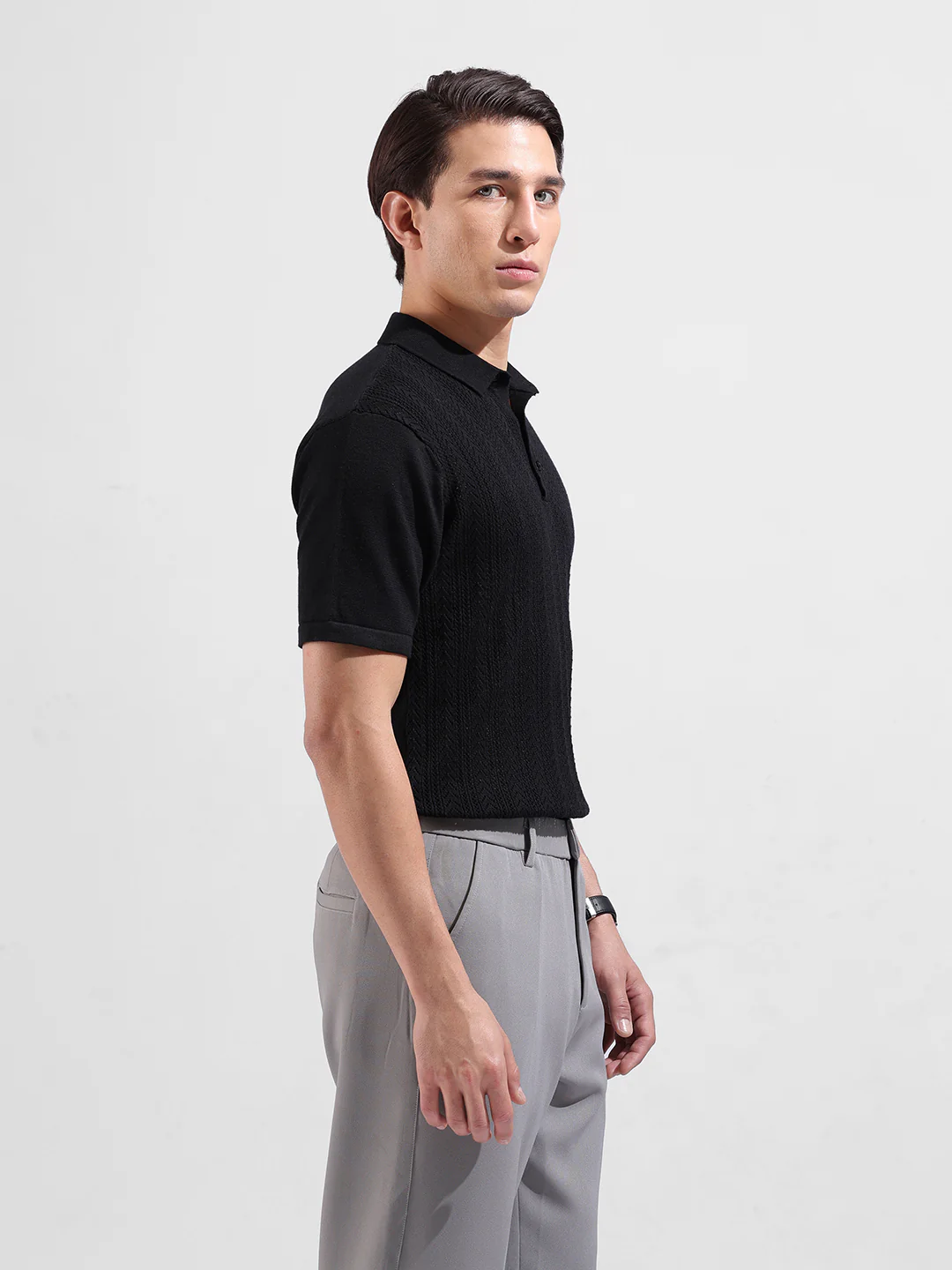 Men's Black Slim Fit Striped Flat Knit T-Shirt - Image 2