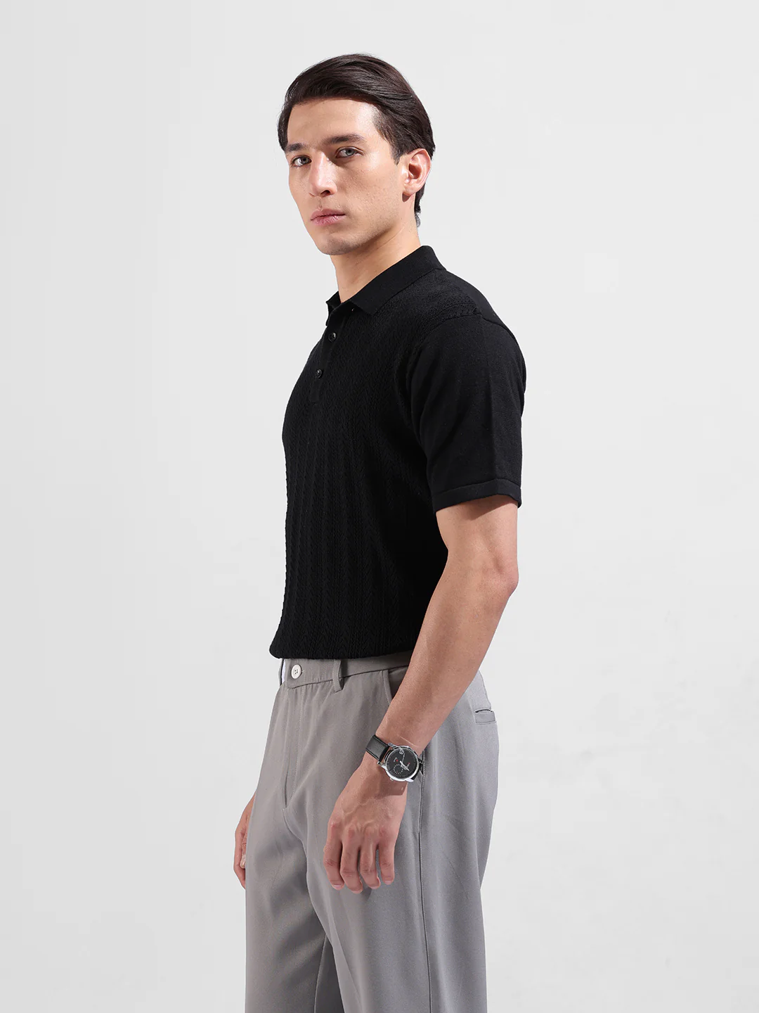 Men's Black Slim Fit Striped Flat Knit T-Shirt - Image 4