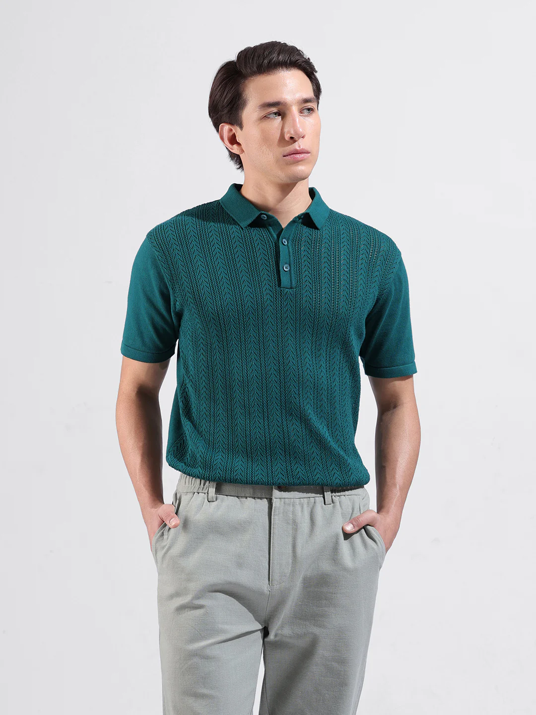 Men's Teal Slim Fit Solid Flat Knit T-Shirt - Image 2