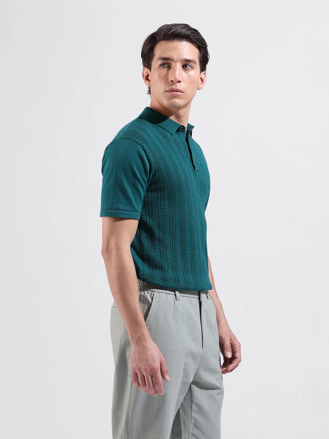 Men's Teal Slim Fit Solid Flat Knit T-Shirt - Image 4