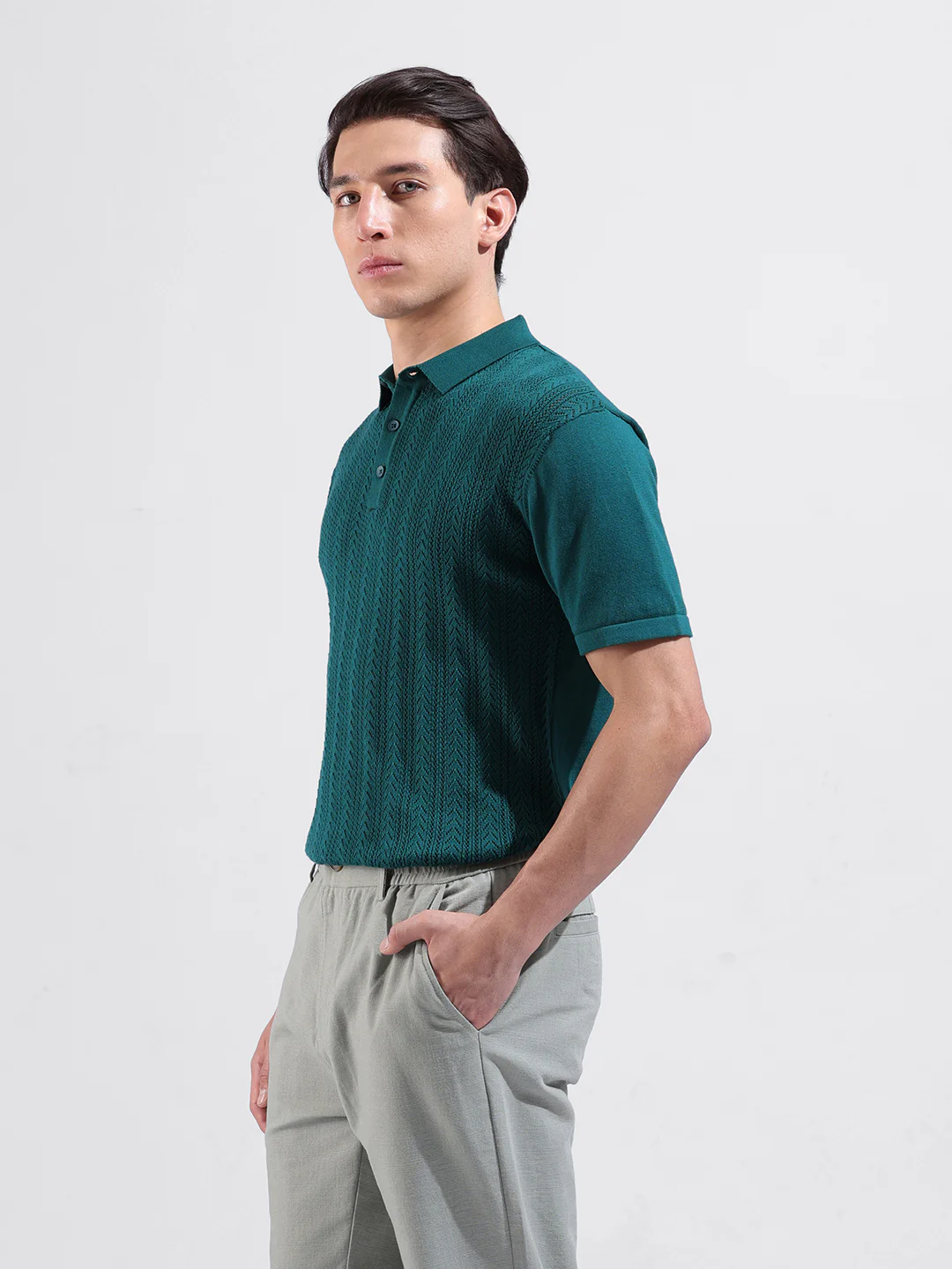 Men's Teal Slim Fit Solid Flat Knit T-Shirt - Image 5