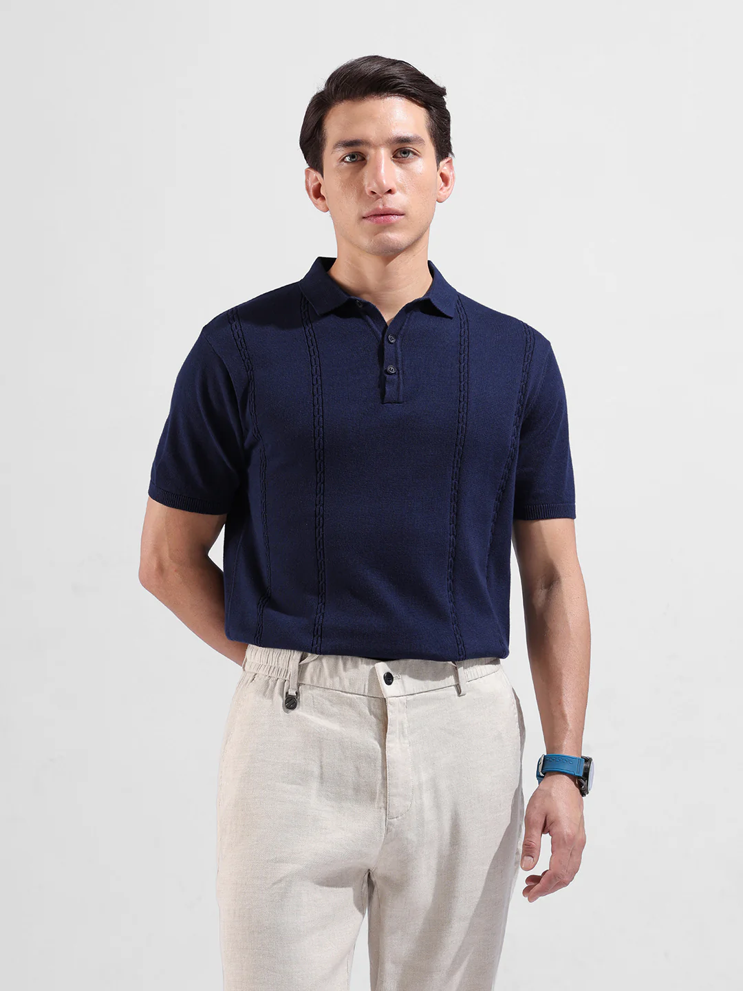 Men's Blue Slim Fit Solid Flat Knit T-Shirt - Image 2
