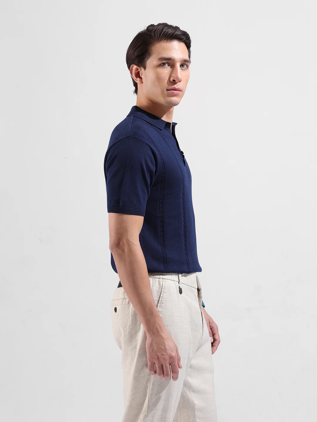 Men's Blue Slim Fit Solid Flat Knit T-Shirt - Image 4