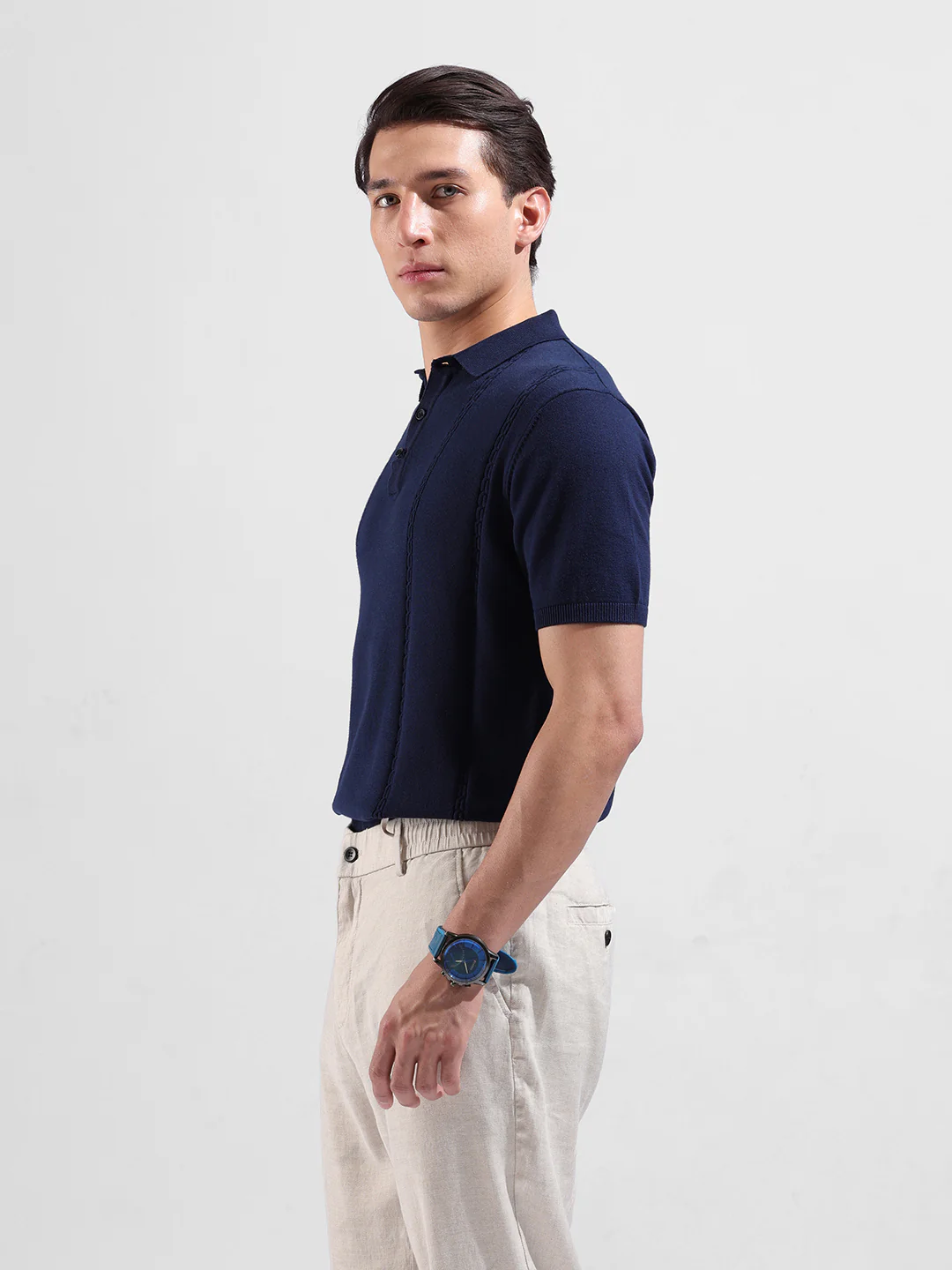 Men's Blue Slim Fit Solid Flat Knit T-Shirt - Image 5