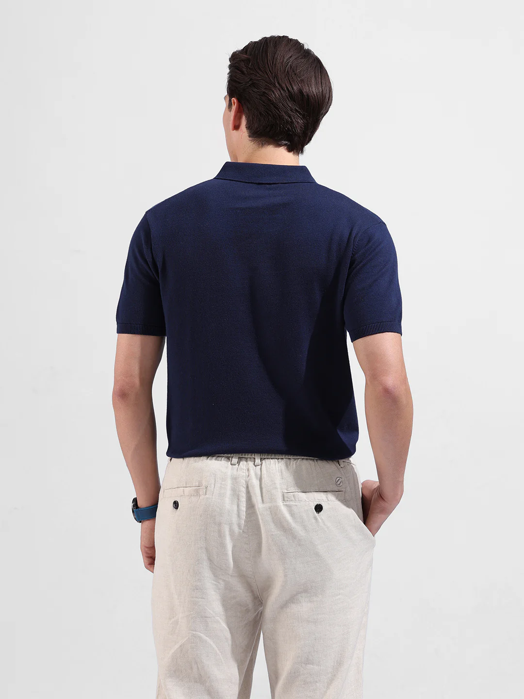Men's Blue Slim Fit Solid Flat Knit T-Shirt - Image 6