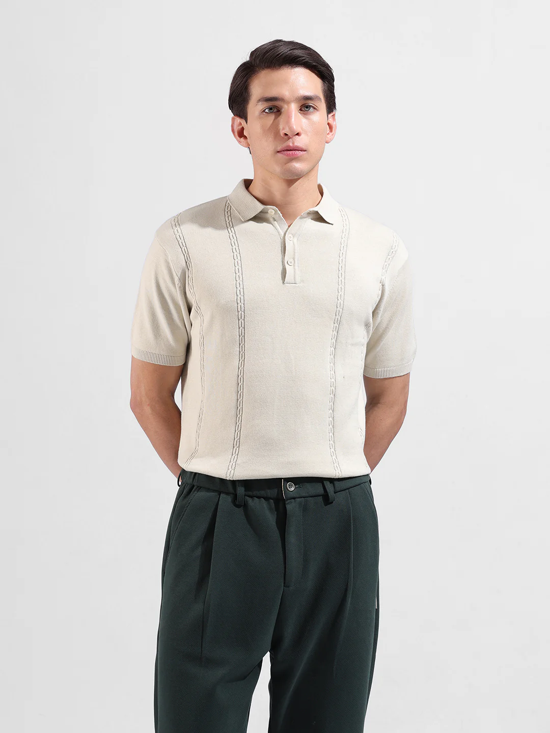Men's Cream Slim Fit Striped Flat Knit T-Shirt - Image 2