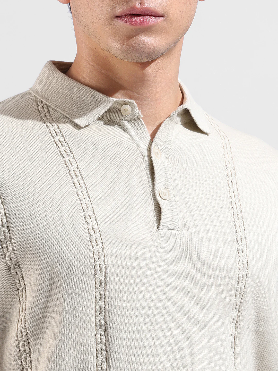 Men's Cream Slim Fit Striped Flat Knit T-Shirt - Image 3