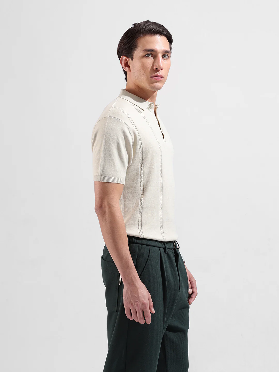 Men's Cream Slim Fit Striped Flat Knit T-Shirt - Image 4