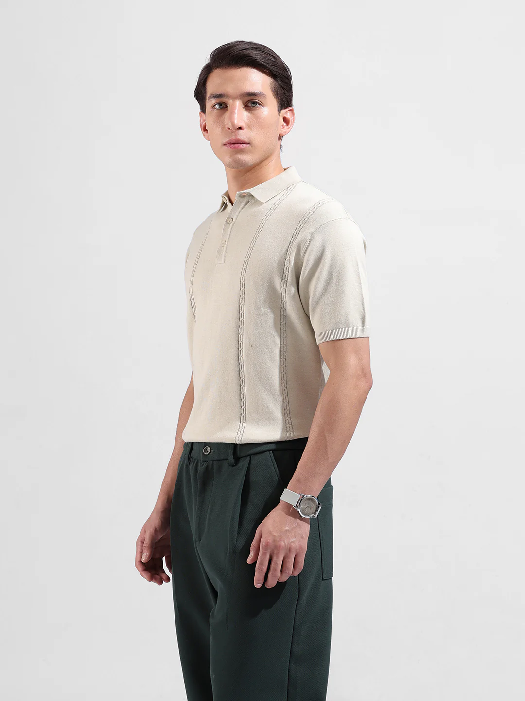 Men's Cream Slim Fit Striped Flat Knit T-Shirt - Image 5