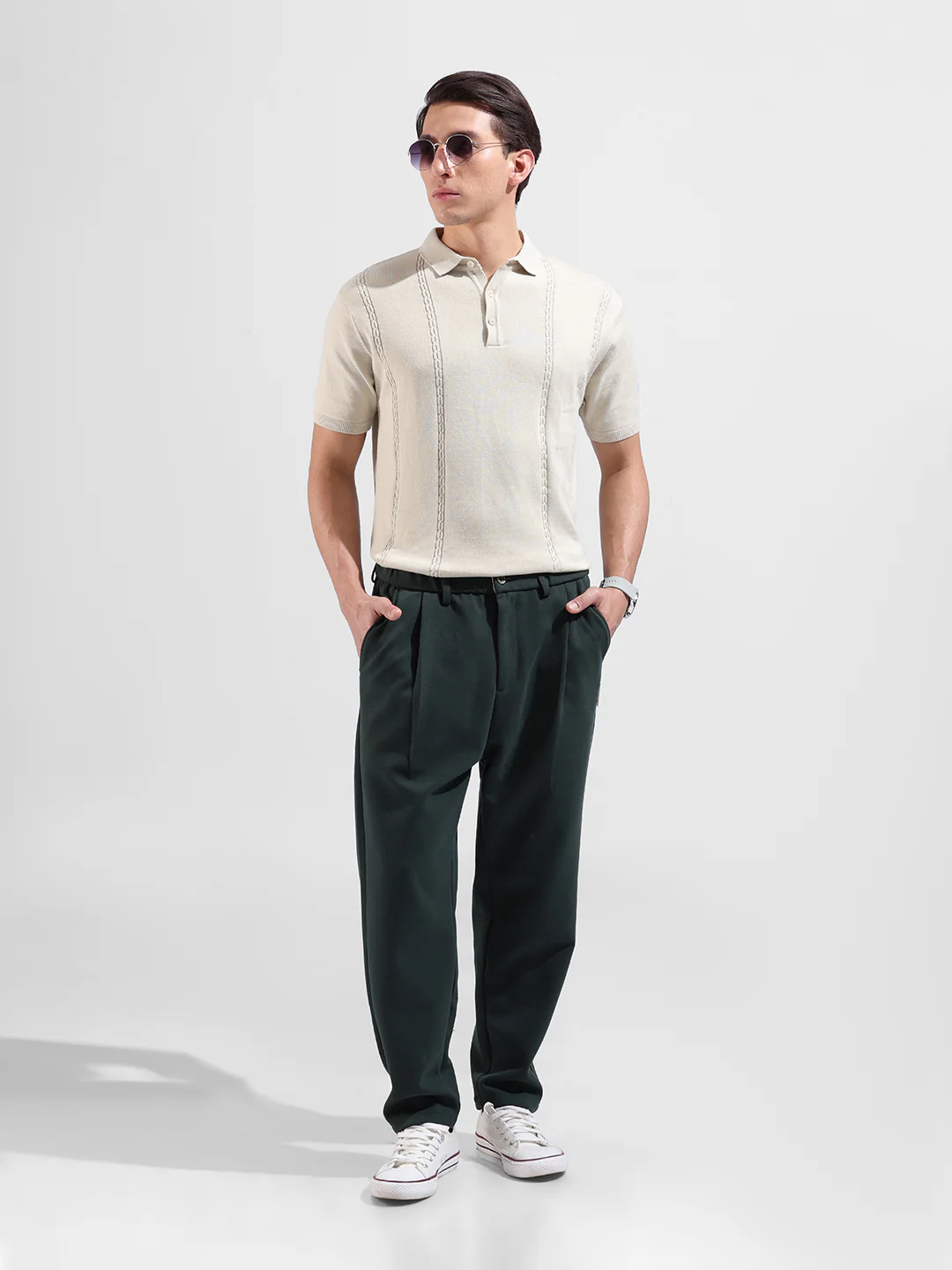Men's Cream Slim Fit Striped Flat Knit T-Shirt - Image 7