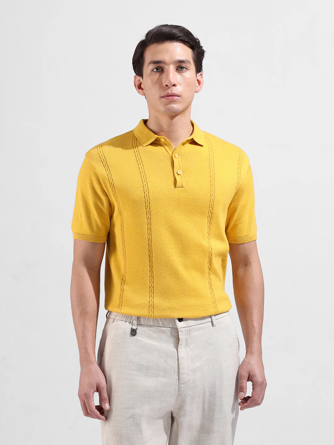 Men's Yellow Slim Fit Solid Flat Knit T-Shirt - Image 2