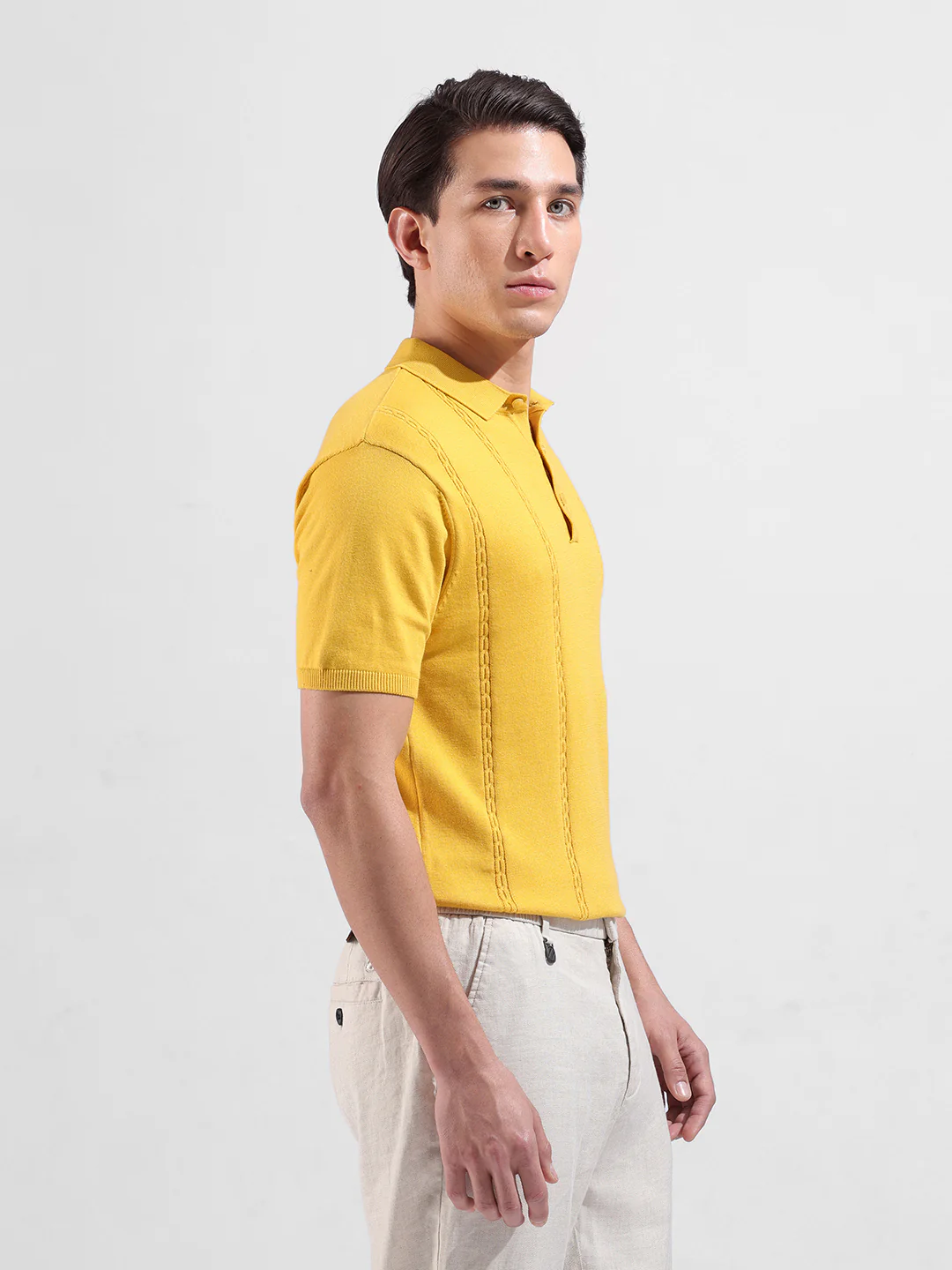 Men's Yellow Slim Fit Solid Flat Knit T-Shirt - Image 4