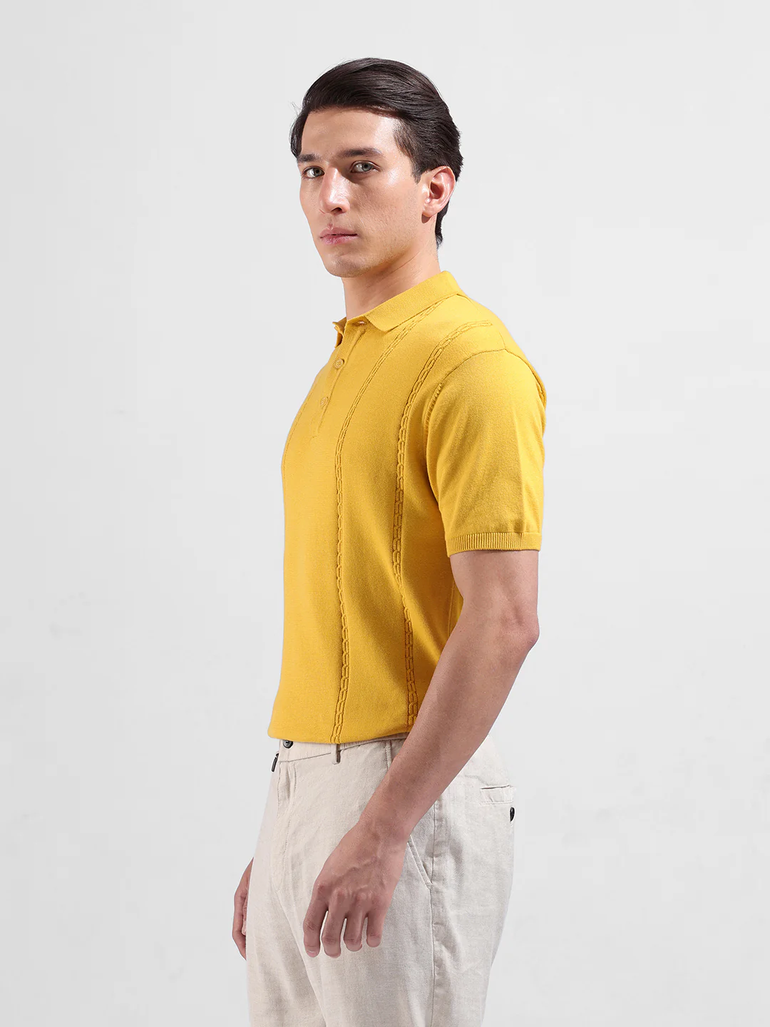 Men's Yellow Slim Fit Solid Flat Knit T-Shirt - Image 5