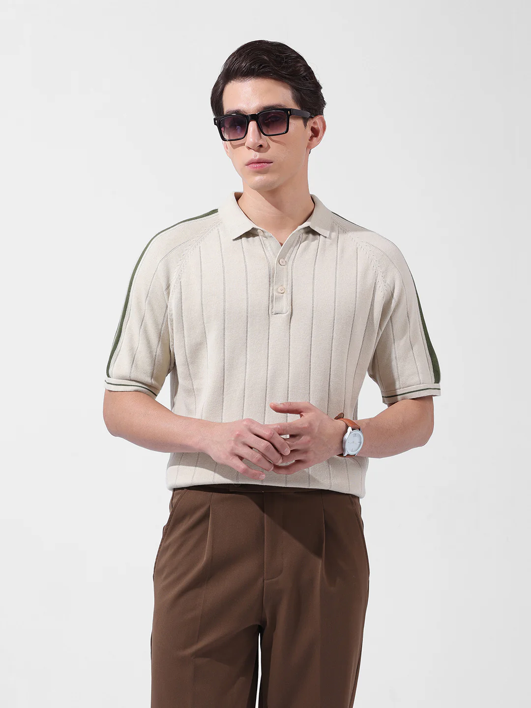 Men's Cream Slim Fit Solid Flat Knit T-Shirt - Image 2