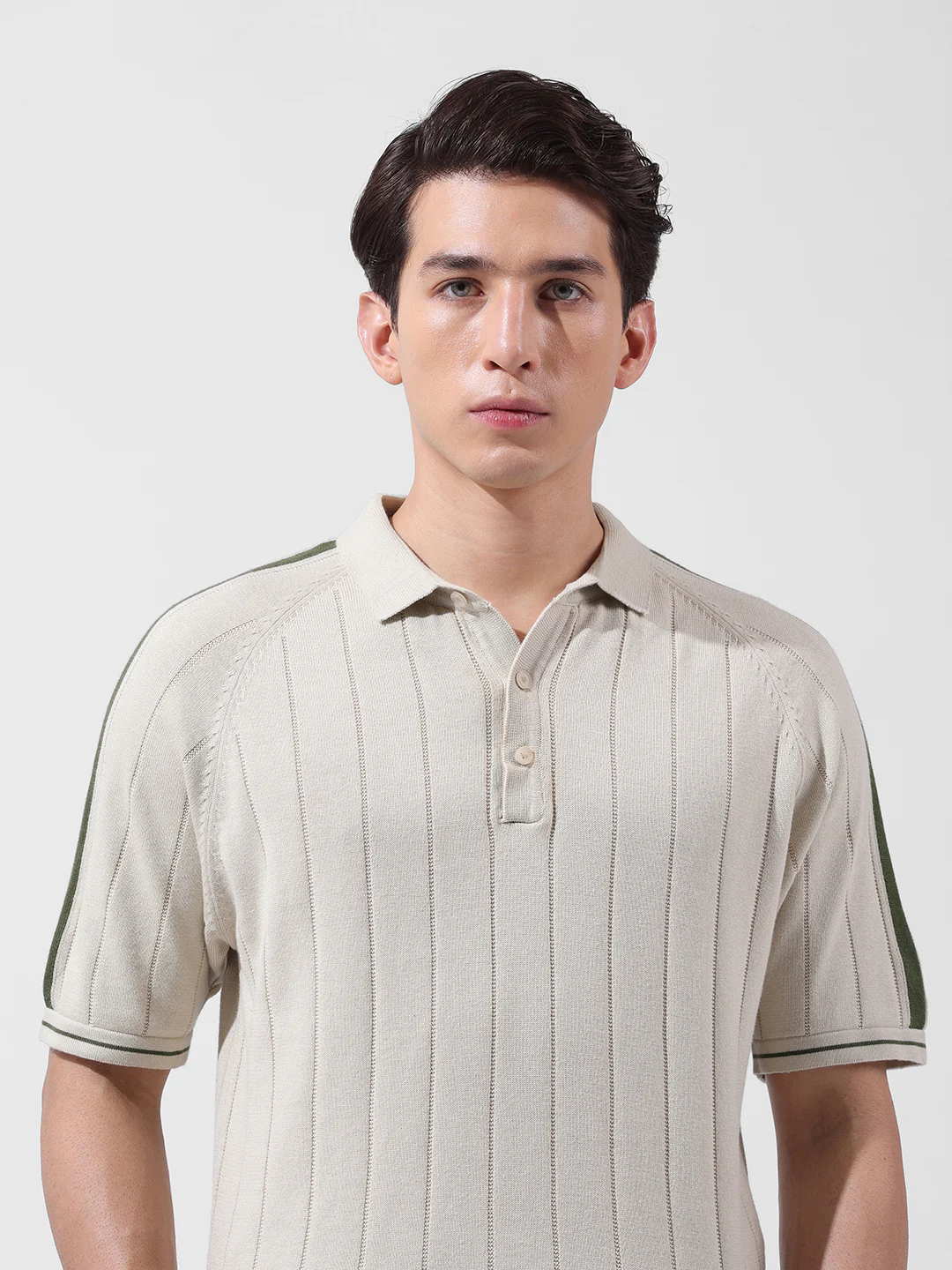 Men's Cream Slim Fit Solid Flat Knit T-Shirt - Image 6