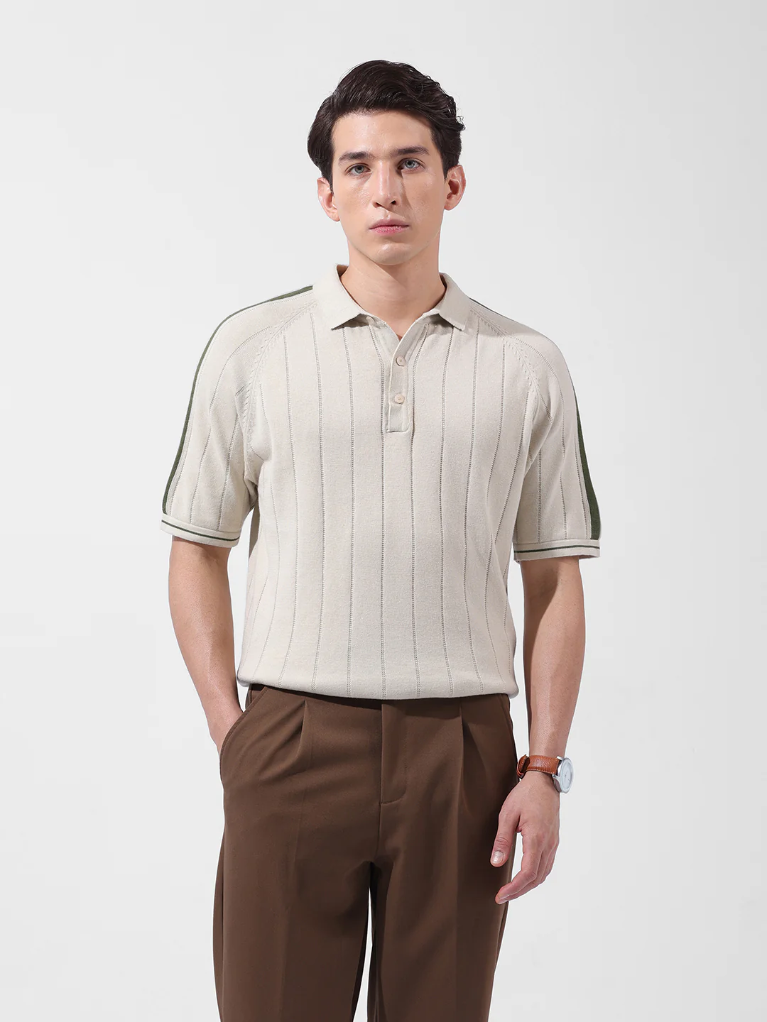 Men's Cream Slim Fit Solid Flat Knit T-Shirt - Image 7