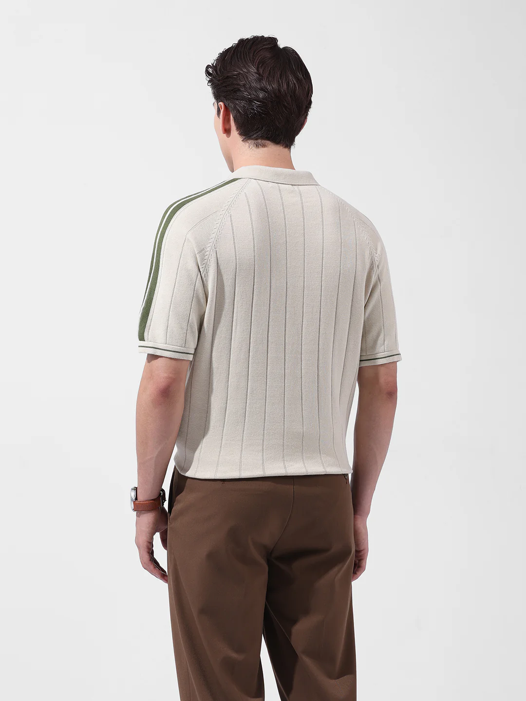 Men's Cream Slim Fit Solid Flat Knit T-Shirt - Image 9