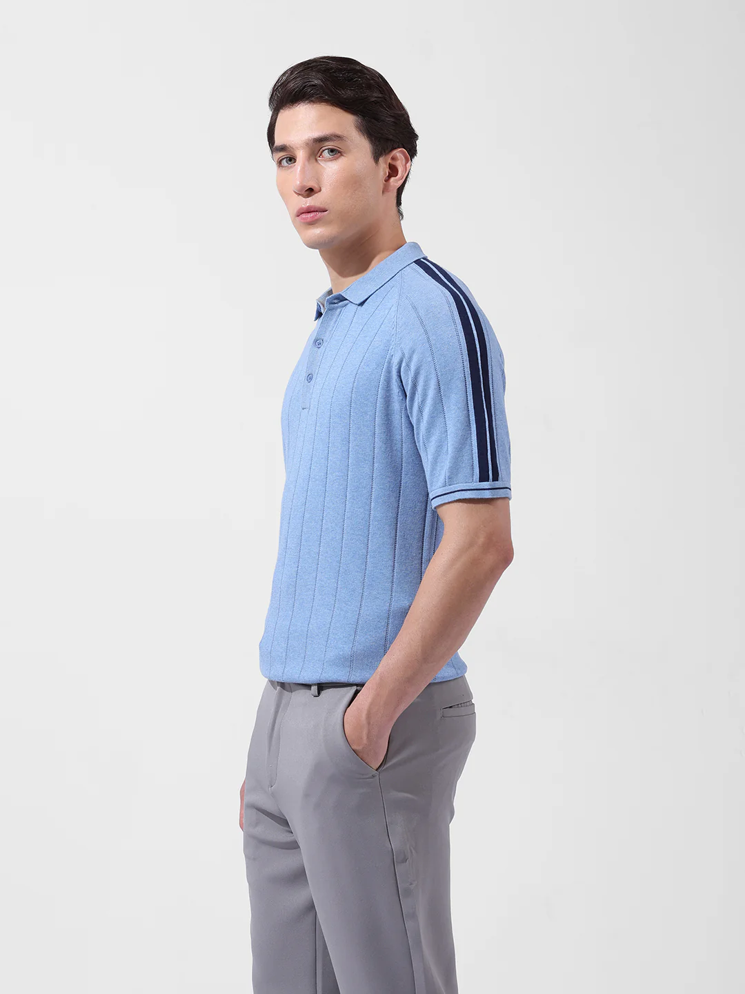 Men's Blue Slim Fit Striped Flat Knit T-Shirt - Image 2