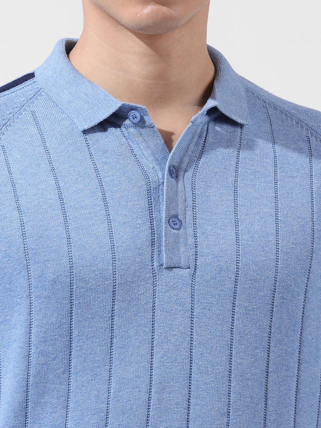 Men's Blue Slim Fit Striped Flat Knit T-Shirt - Image 3