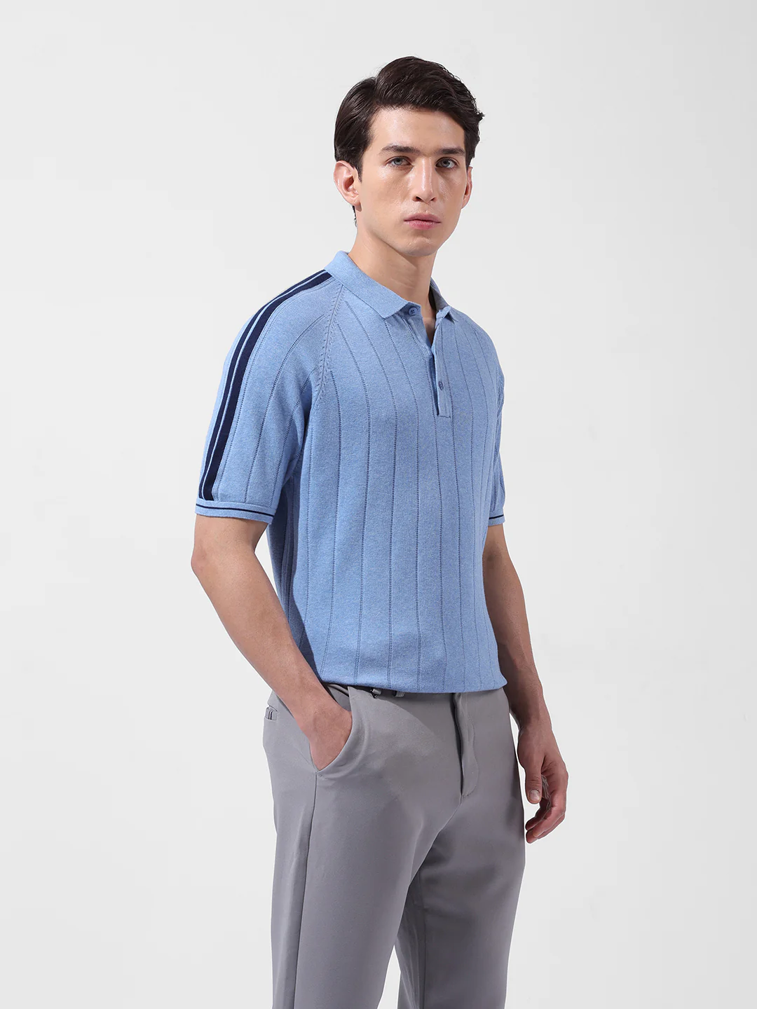 Men's Blue Slim Fit Striped Flat Knit T-Shirt - Image 4
