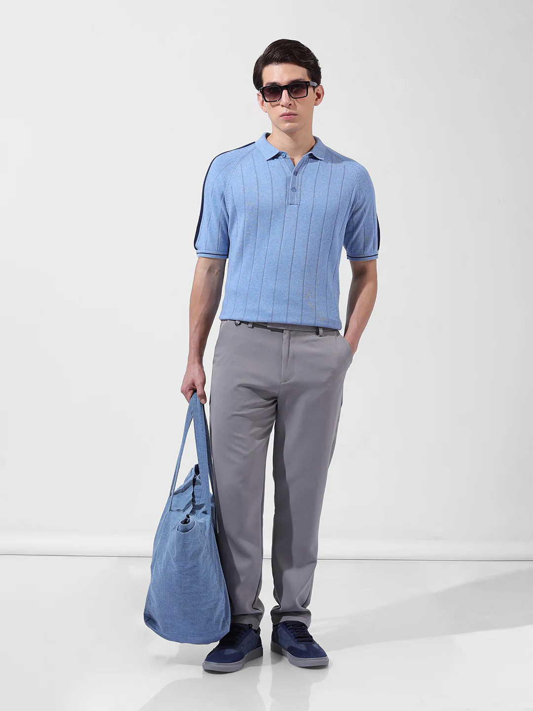 Men's Blue Slim Fit Striped Flat Knit T-Shirt - Image 5