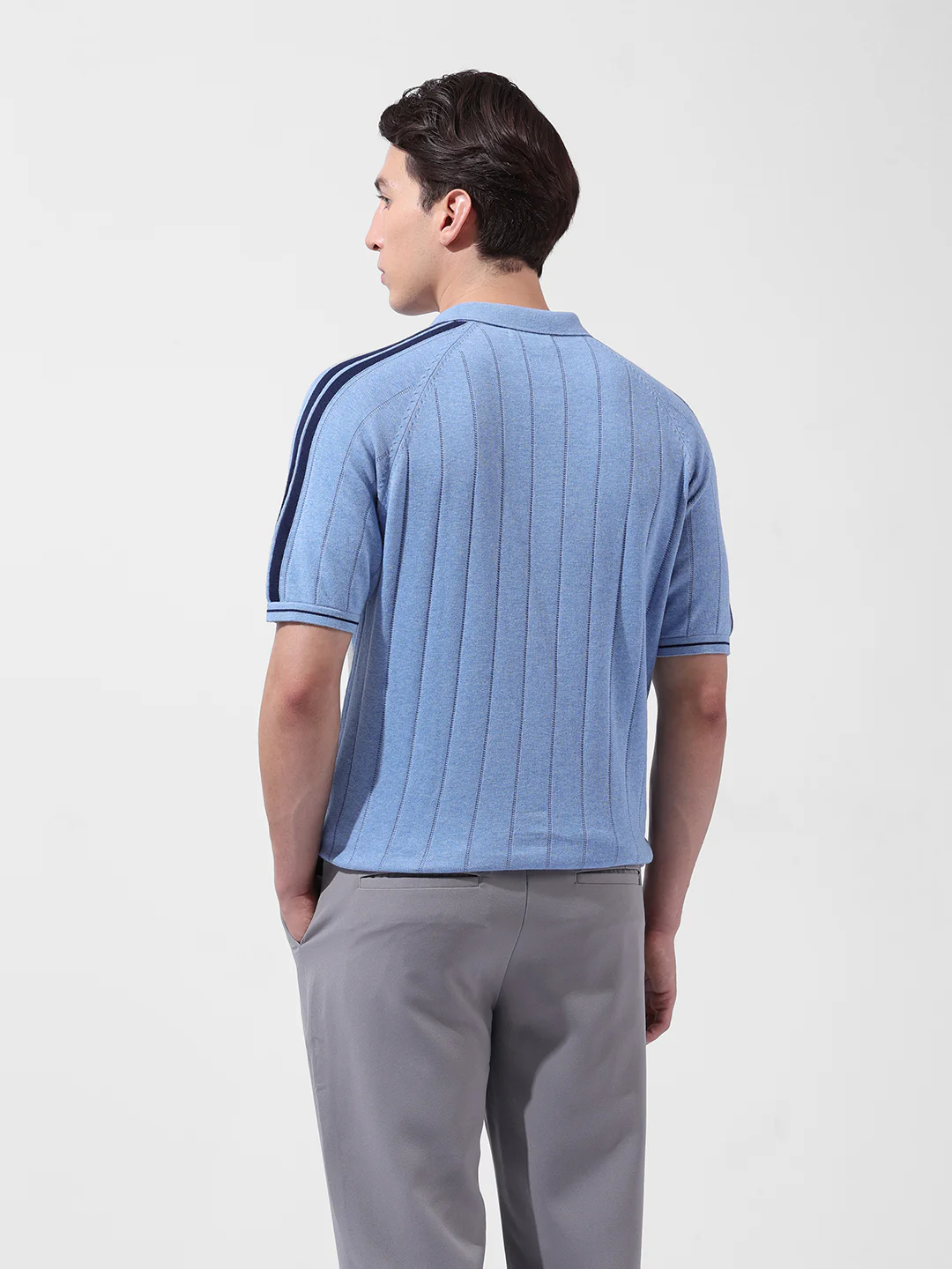 Men's Blue Slim Fit Striped Flat Knit T-Shirt - Image 6