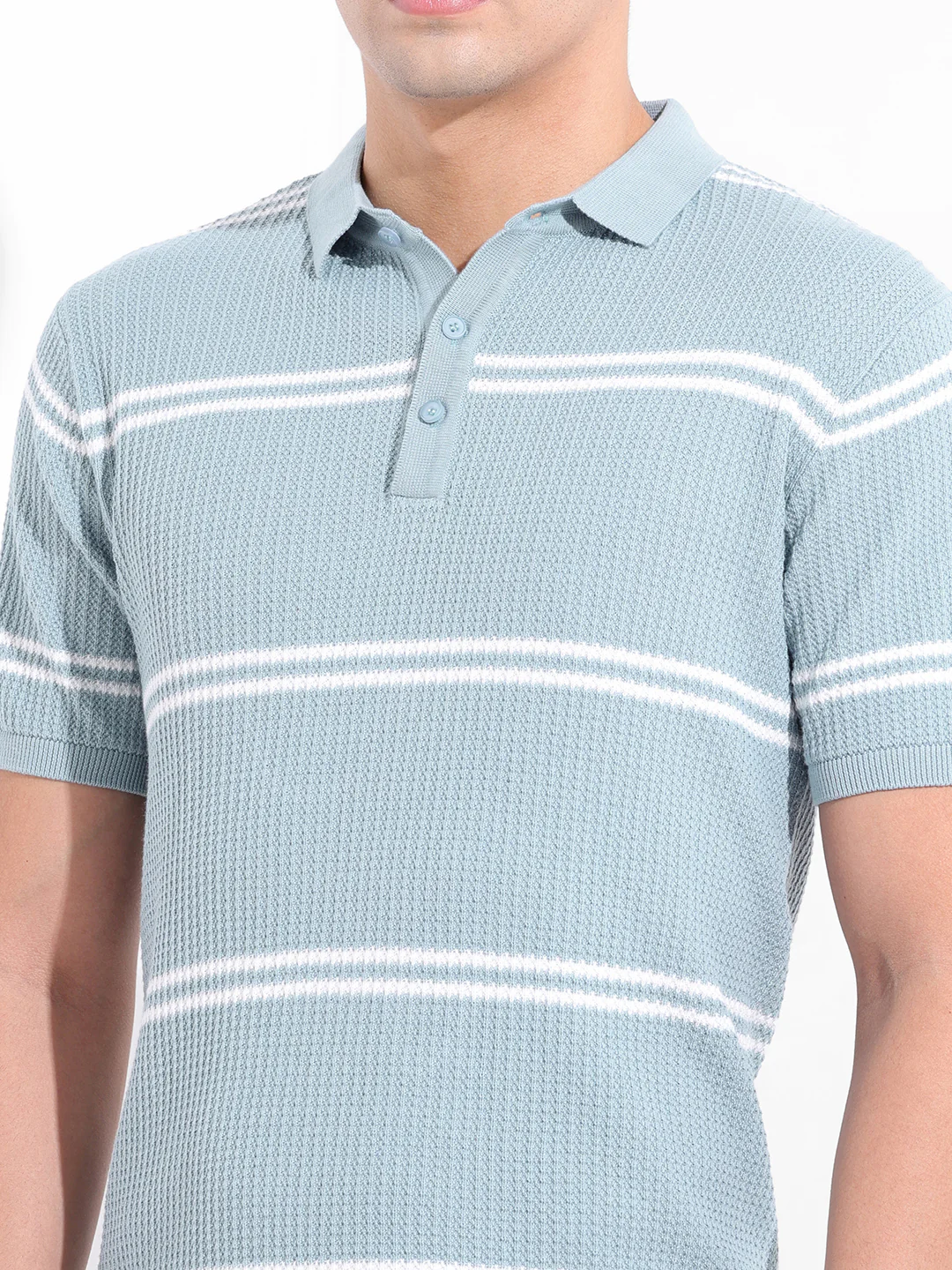 Men's Blue Slim Fit Striped Flat Knit T-Shirt - Image 3