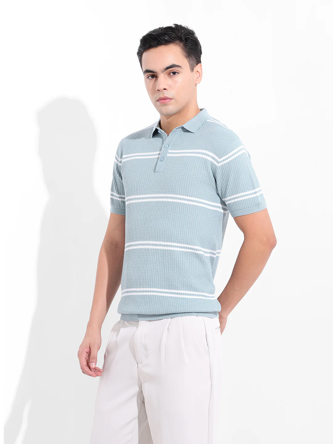 Men's Blue Slim Fit Striped Flat Knit T-Shirt - Image 4