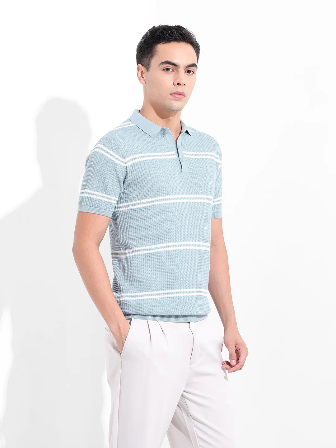 Men's Blue Slim Fit Striped Flat Knit T-Shirt - Image 5