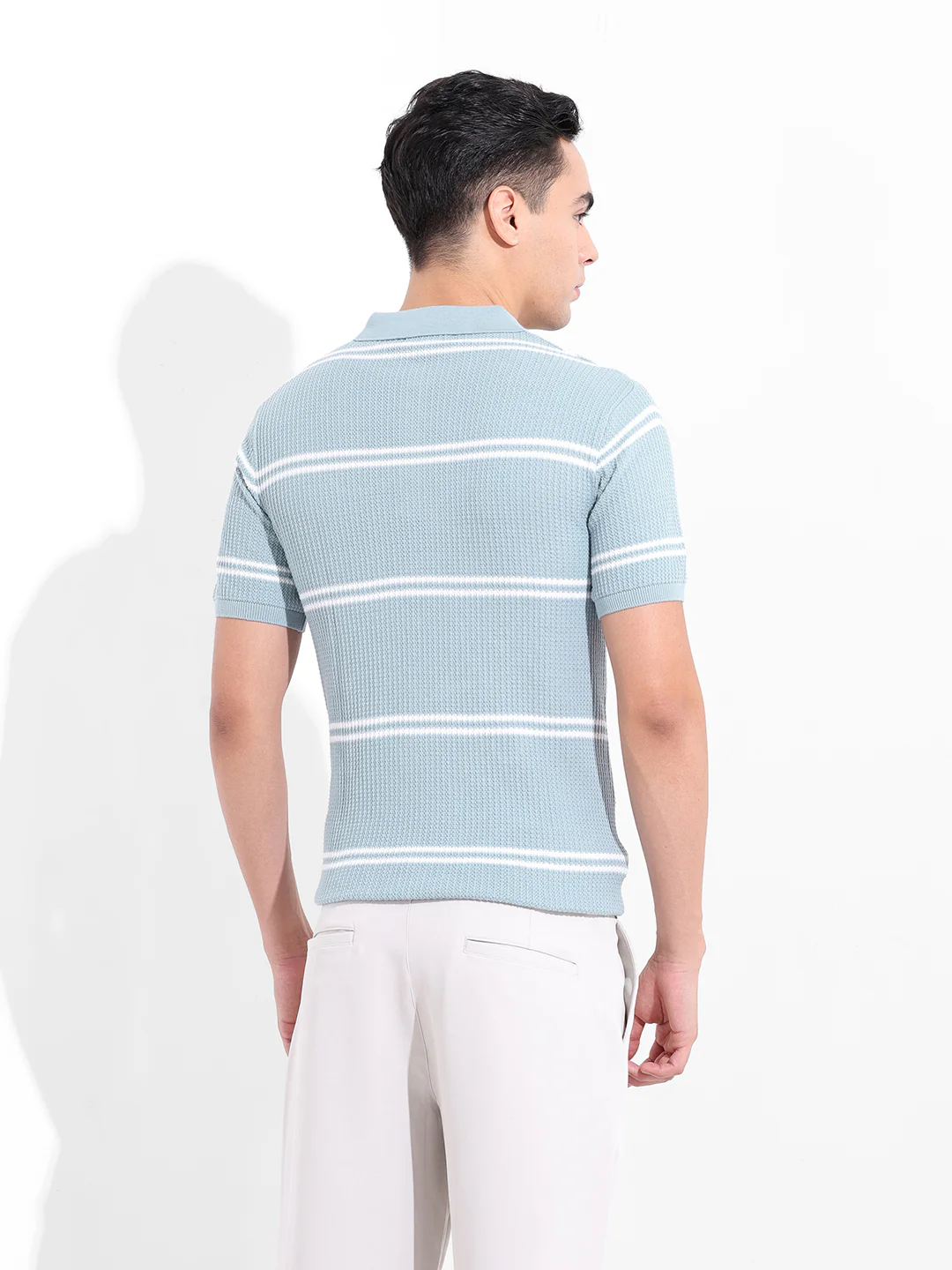 Men's Blue Slim Fit Striped Flat Knit T-Shirt - Image 6