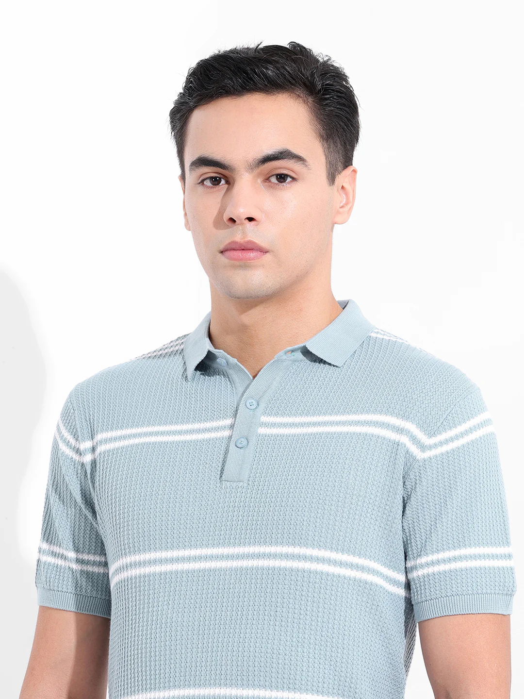 Men's Blue Slim Fit Striped Flat Knit T-Shirt - Image 7
