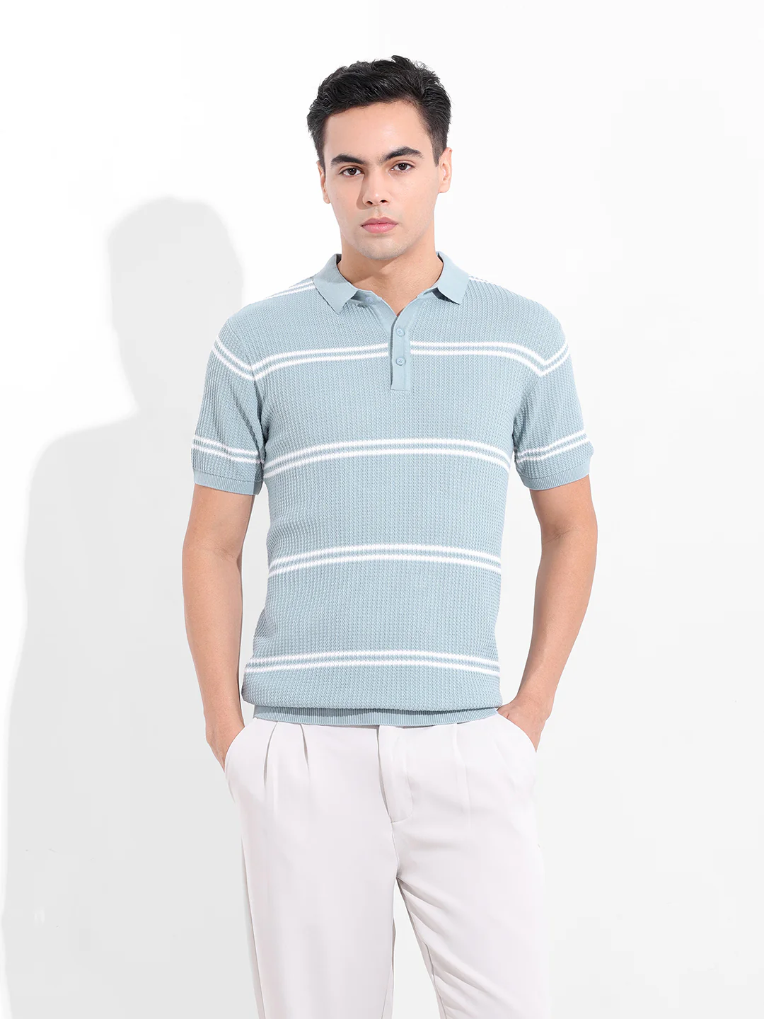 Men's Blue Slim Fit Striped Flat Knit T-Shirt - Image 8