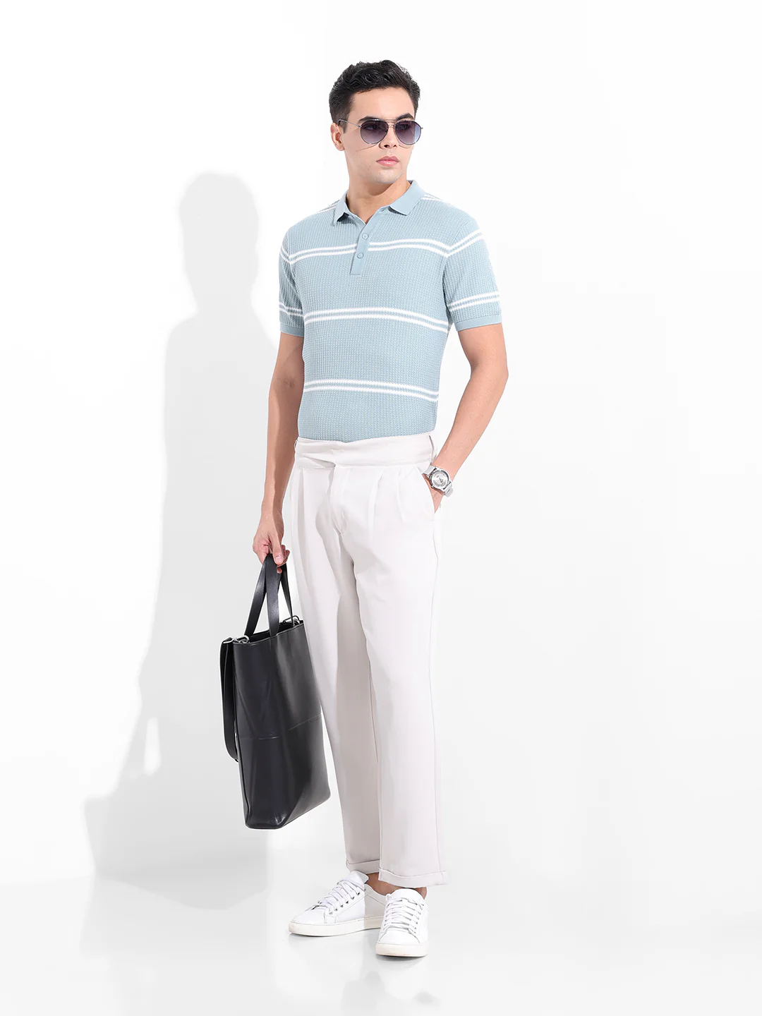 Men's Blue Slim Fit Striped Flat Knit T-Shirt - Image 9