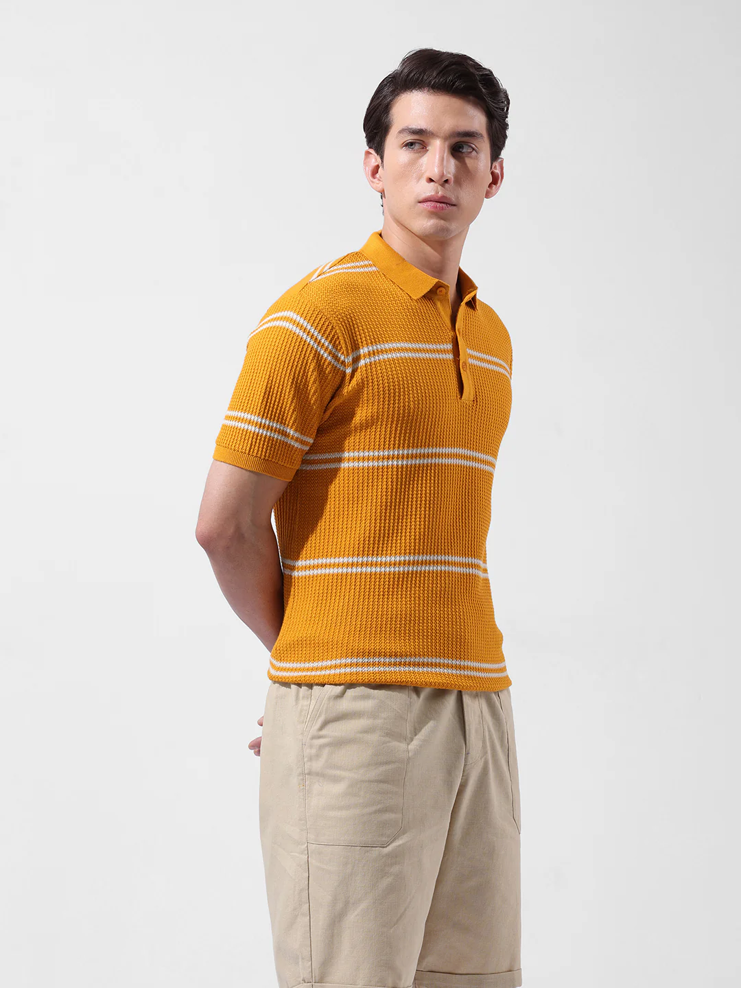 Men's Orange Slim Fit Striped Flat Knit T-Shirt - Image 2