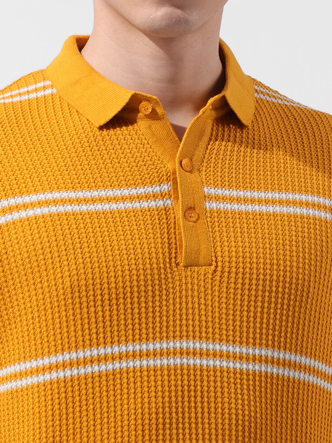 Men's Orange Slim Fit Striped Flat Knit T-Shirt - Image 3