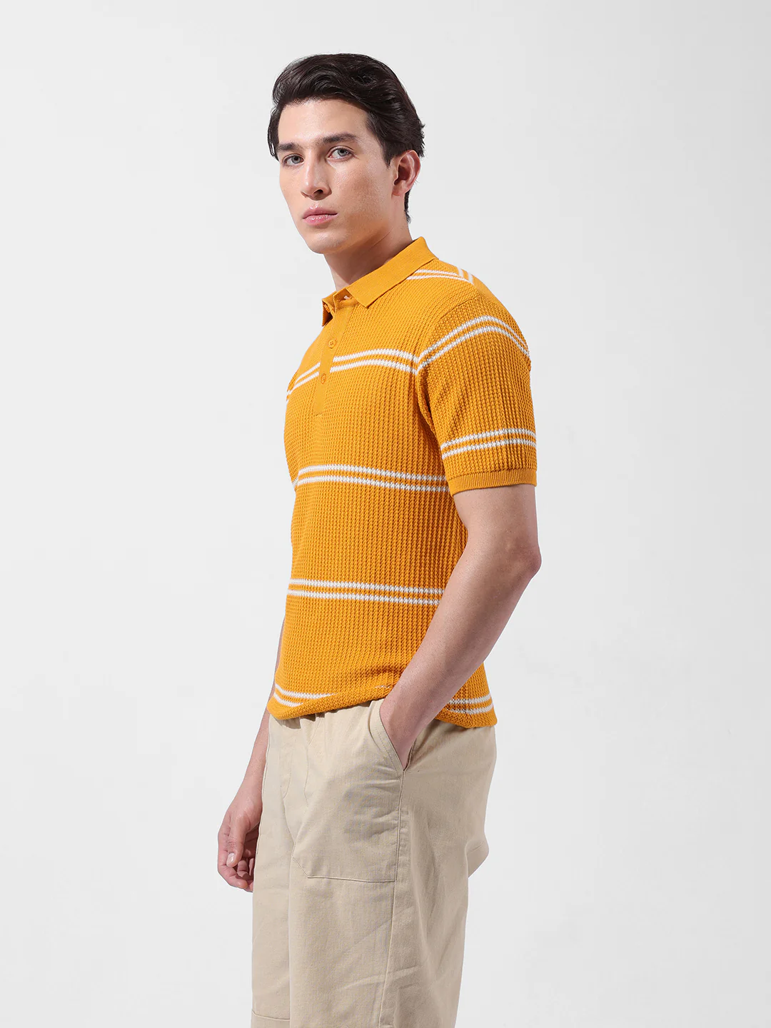Men's Orange Slim Fit Striped Flat Knit T-Shirt - Image 4