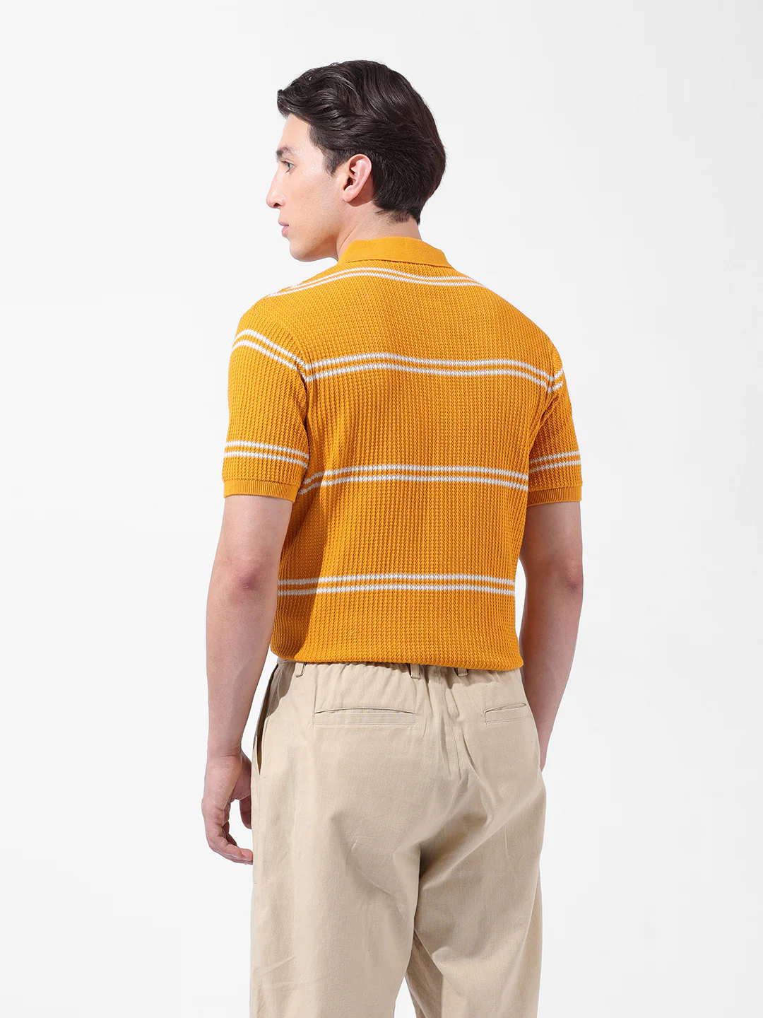 Men's Orange Slim Fit Striped Flat Knit T-Shirt - Image 5