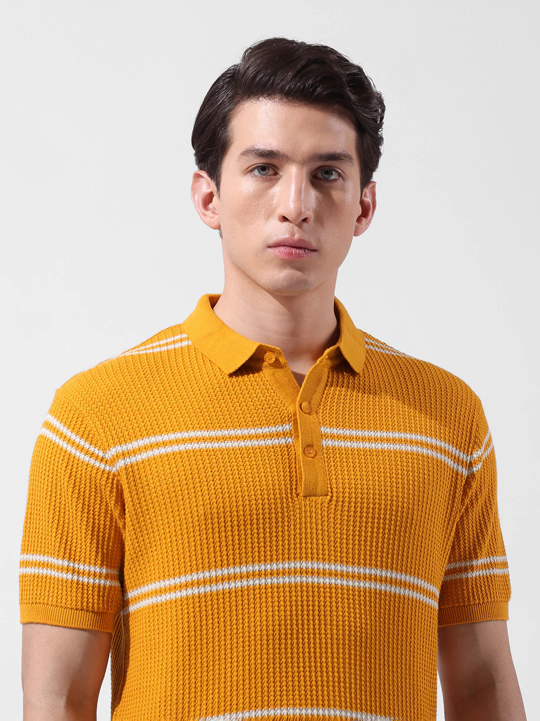 Men's Orange Slim Fit Striped Flat Knit T-Shirt - Image 6