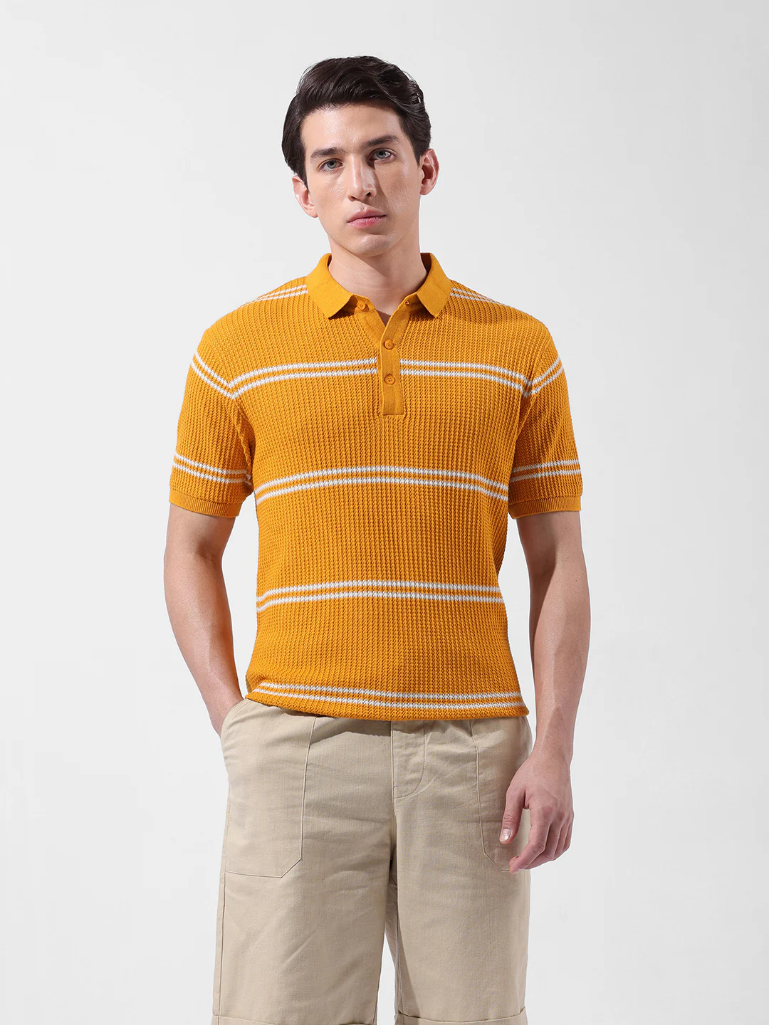 Men's Orange Slim Fit Striped Flat Knit T-Shirt - Image 7