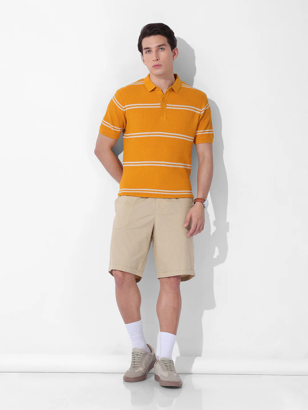 Men's Orange Slim Fit Striped Flat Knit T-Shirt - Image 8