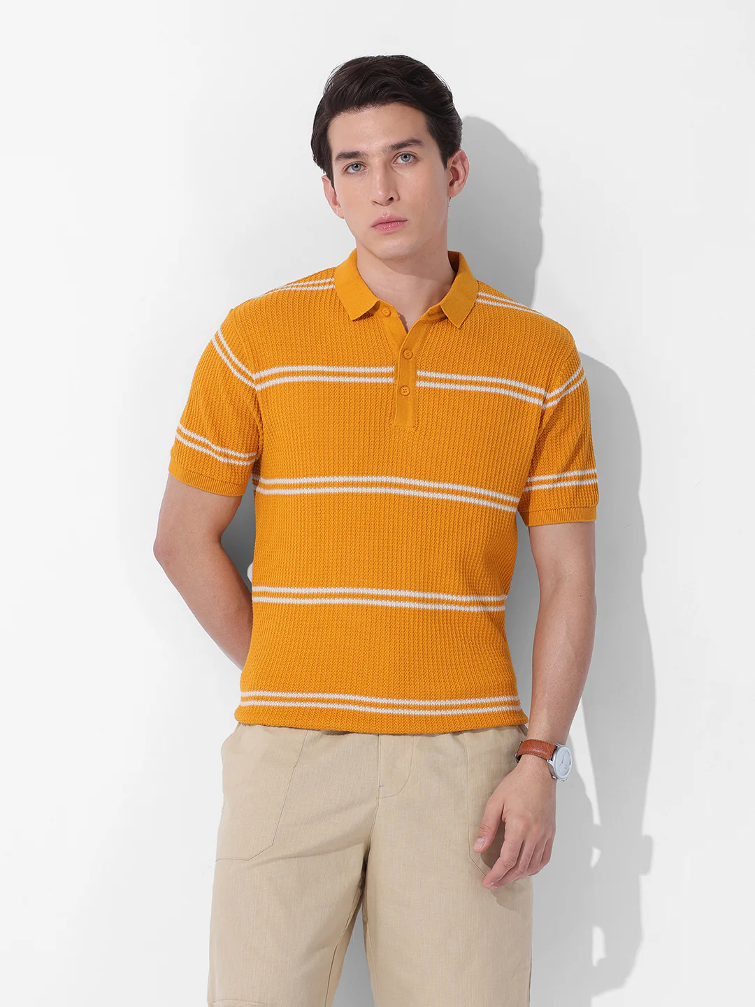 Men's Orange Slim Fit Striped Flat Knit T-Shirt - Image 9