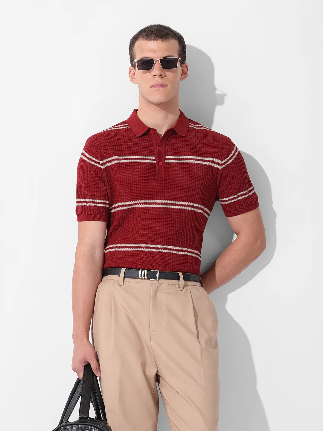 Men's Maroon Slim Fit Striped Flat Knit T-Shirt - Image 2