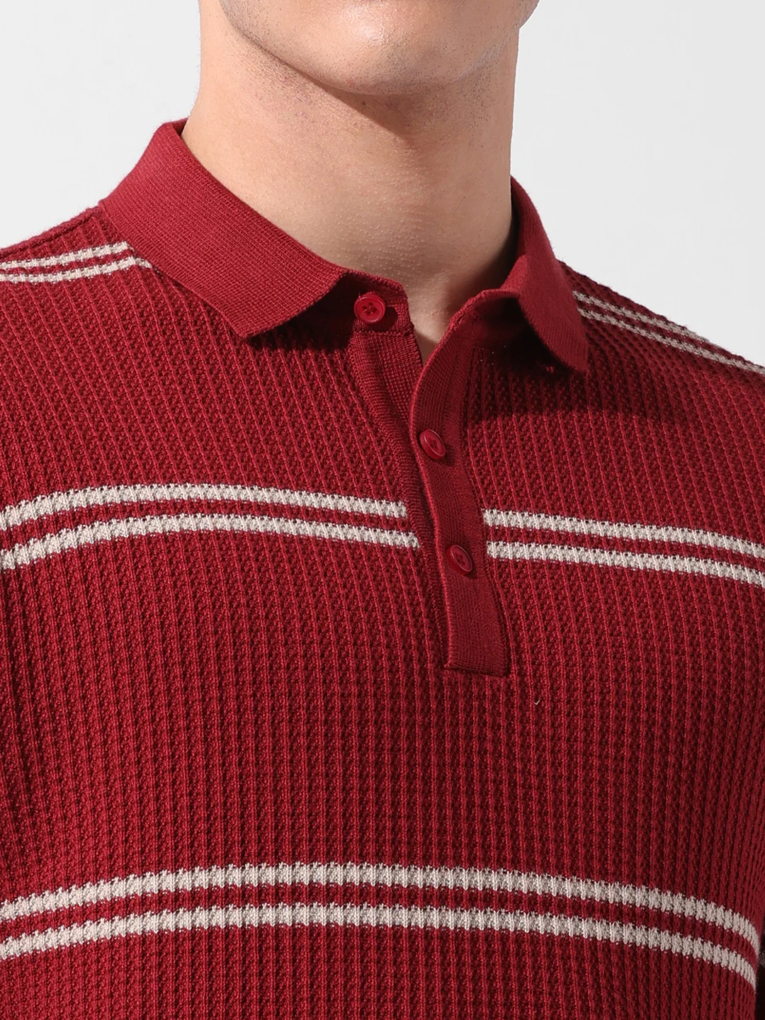 Men's Maroon Slim Fit Striped Flat Knit T-Shirt - Image 3