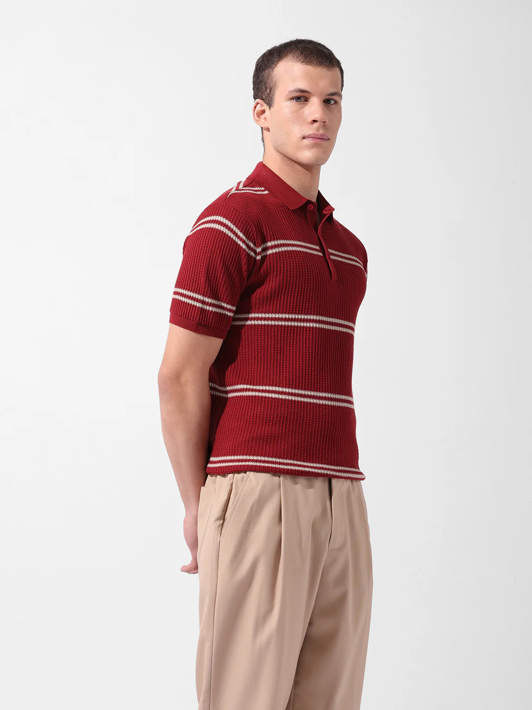 Men's Maroon Slim Fit Striped Flat Knit T-Shirt - Image 4