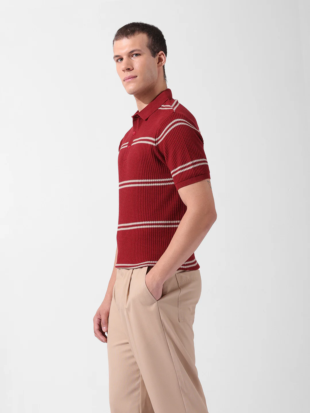 Men's Maroon Slim Fit Striped Flat Knit T-Shirt - Image 5