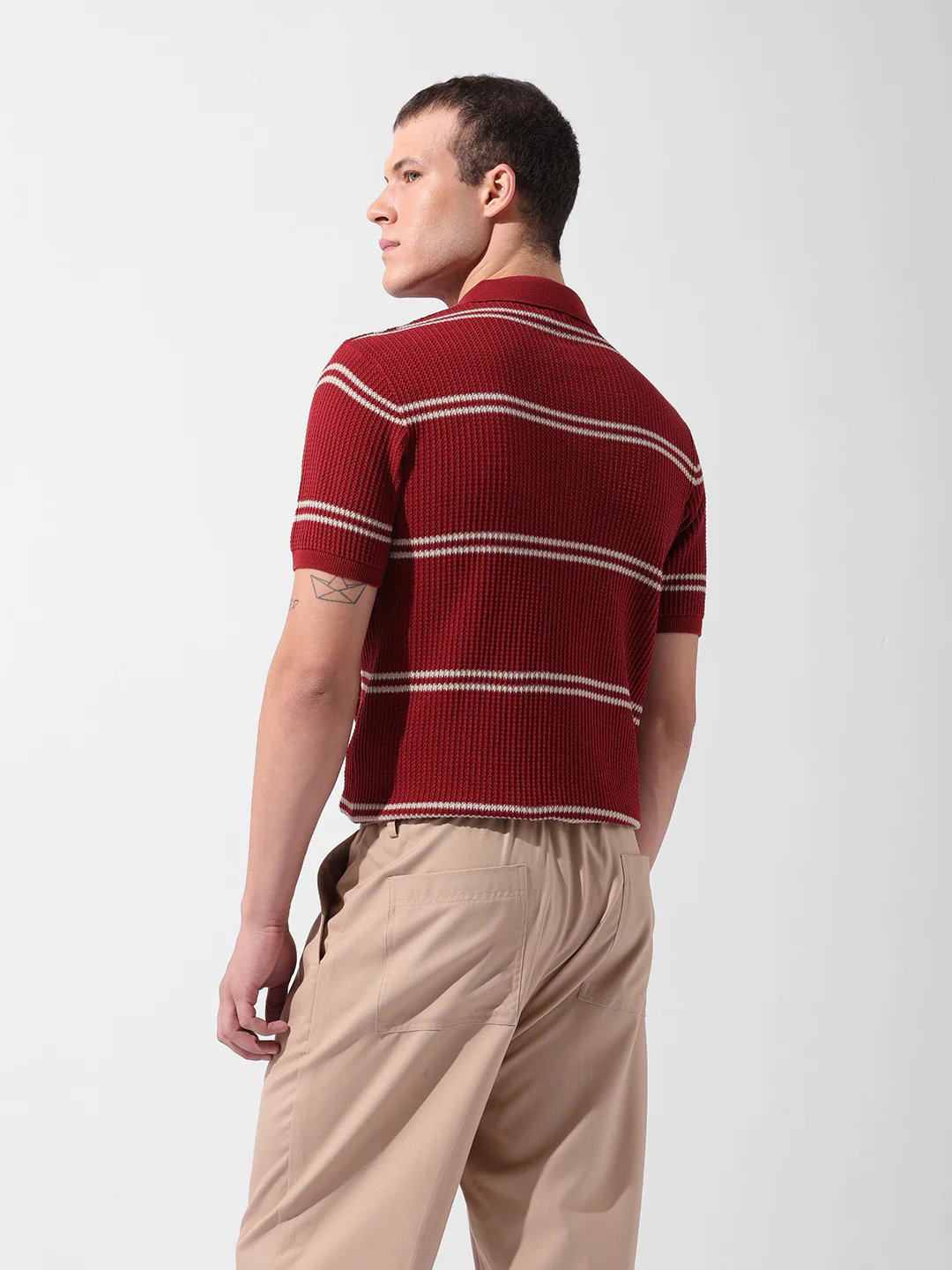 Men's Maroon Slim Fit Striped Flat Knit T-Shirt - Image 6