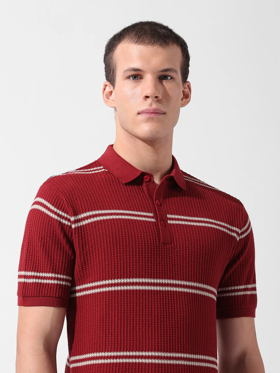Men's Maroon Slim Fit Striped Flat Knit T-Shirt - Image 7