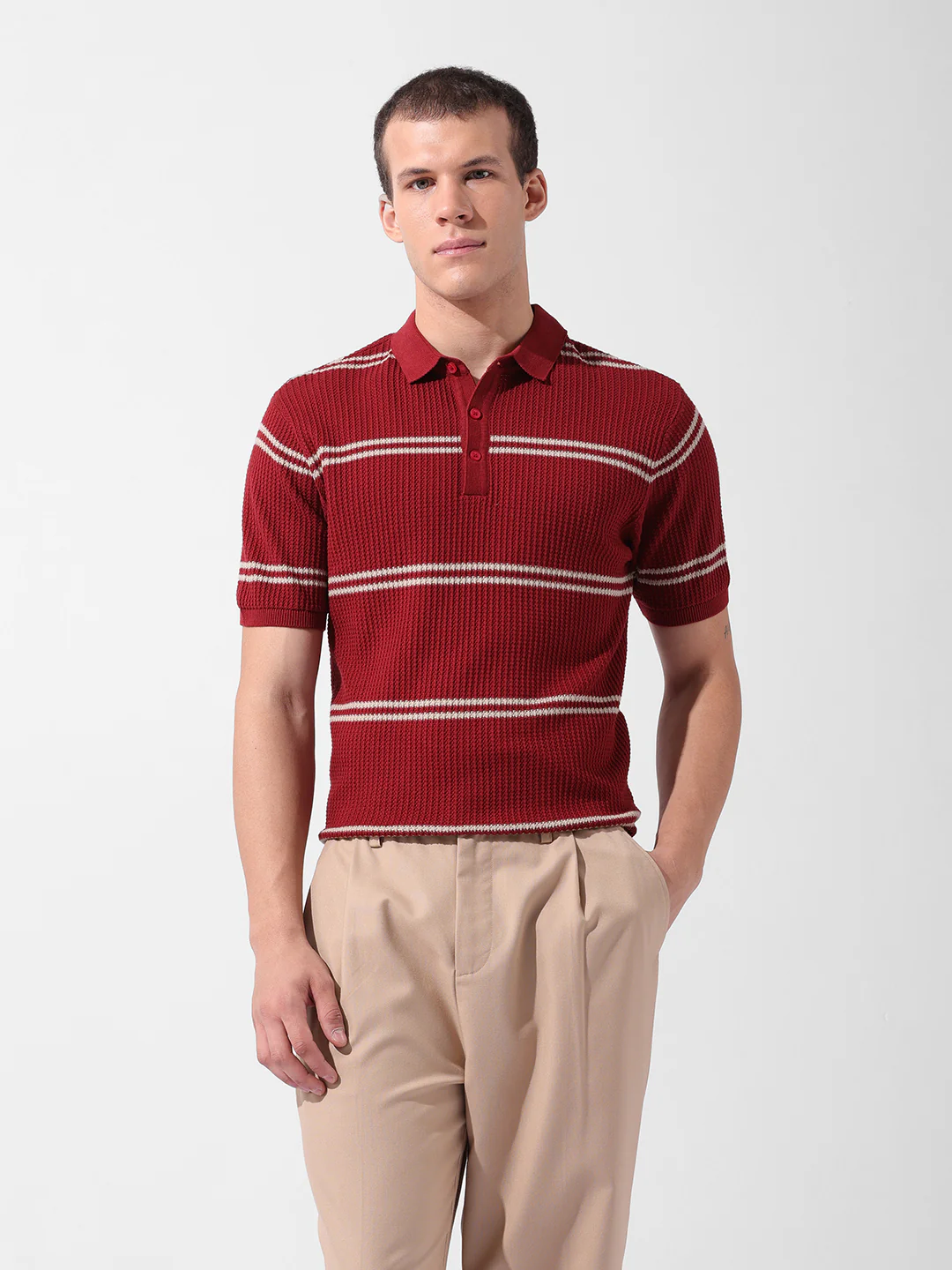 Men's Maroon Slim Fit Striped Flat Knit T-Shirt - Image 8