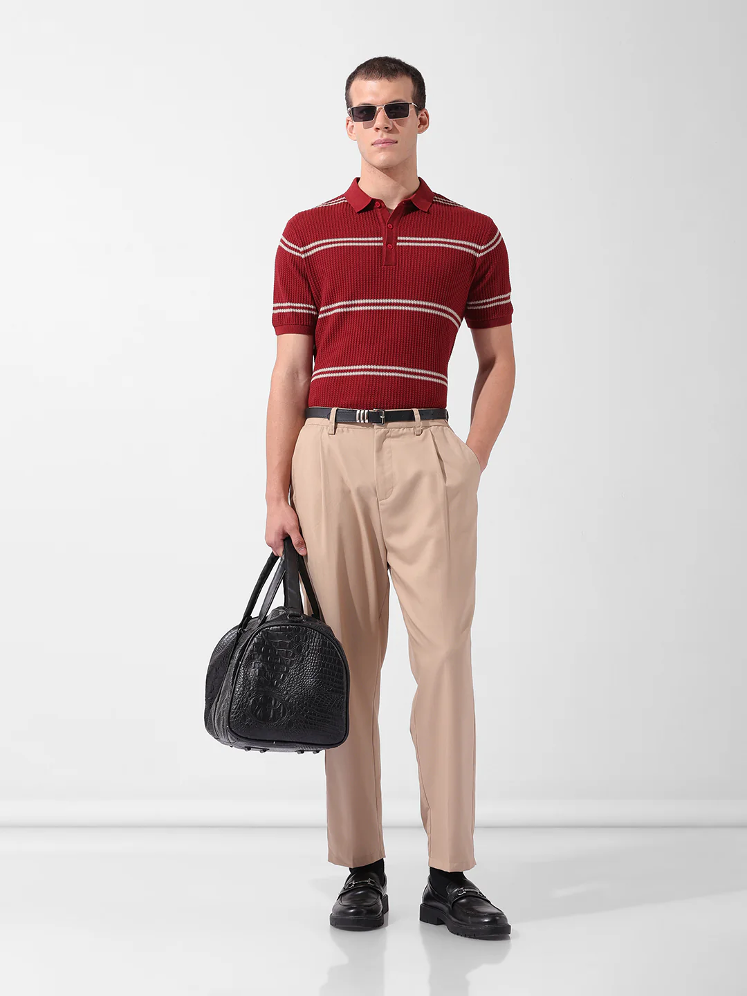 Men's Maroon Slim Fit Striped Flat Knit T-Shirt - Image 9