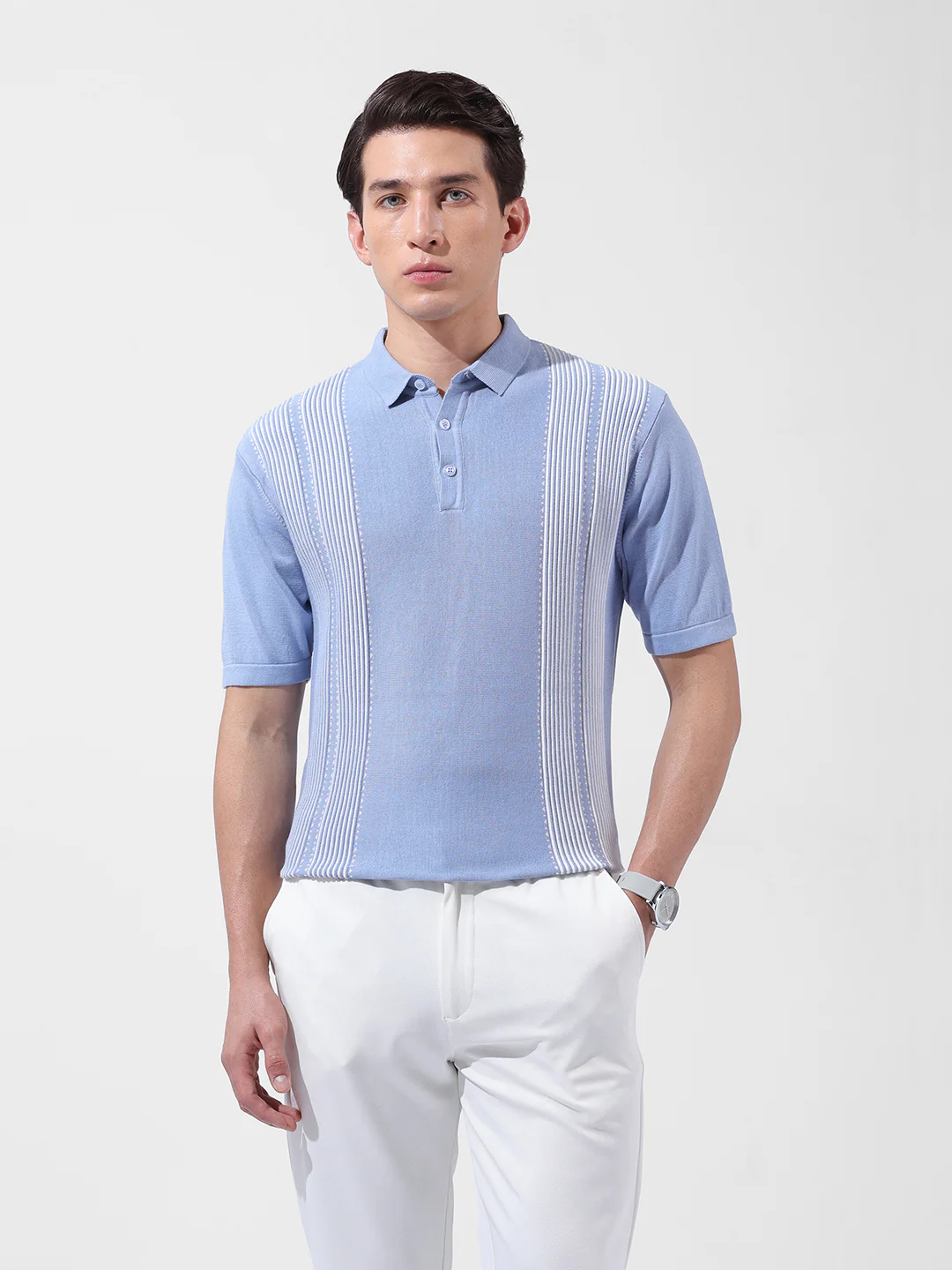 Men's Blue Slim Fit Striped Flat Knit T-Shirt - Image 2